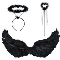 an assortment of black feathers and headbands on a white background, including one with wings