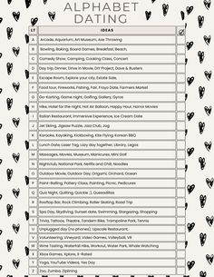 "Alphabet Dating Checklist sheet and Ideas. Fun date ideas to do with significant other or friends. Tiktok trending \"Alphabet Dating\" for any time and any area." Captions Aesthetic For Instagram, Tiktok Trends To Do On Your Boyfriend, Alphabet Date Night Ideas, Date List Ideas, Mini Dates Ideas, Couples Ideas Activities Things To Do, Sleepover With Boyfriend Ideas, A-z Date Ideas, Couples Checklist