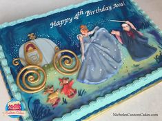 a birthday cake with an image of princess and prince on it