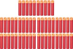 the red batteries are lined up in rows and have orange caps on each one side