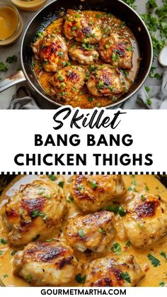 chicken thighs in a skillet with text overlay