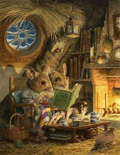 a painting of two mice reading in front of a fireplace