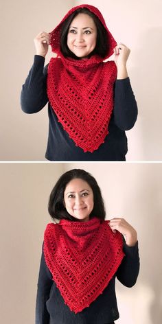 a woman wearing a red crocheted shawl