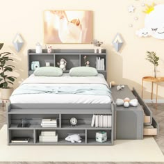 a bedroom with a bed, bookcases and other items