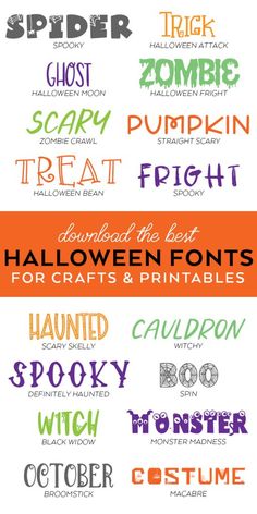 halloween font and numbers are shown in different colors, shapes, and sizes for each type of