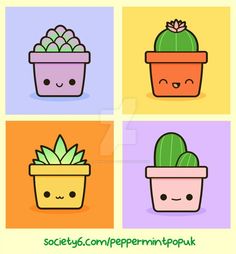 four potted plants with faces drawn on them, one is smiling and the other has a