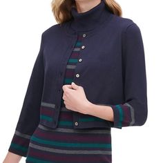 Tommy Hilfiger Striped Button Front Cardigan Sweater. Round Neckline. Button Down Closure. Metallic Logo Buttons. Tiny Logo Tag At The Side Seam. 3/4 Length Sleeves. Navy Blue Color With Heather Grey, Eggplant, And Teal Stripes At The End Of The Sleeves And The Hem. Lightweight Soft Knit Fabrication. Material: 77% Rayon 23% Nylon. Brand: Tommy Hilfiger Style: A9fv1500 Color: Navy Multi Size: L Large Condition: Nwt New With Tags Approximate Measurements Laying Flat: Pit To Pit 21" Length 19" Styl Casual Cardigan With 3/4 Sleeves And Buttons, Blue 3/4 Sleeve Outerwear For Fall, Fall 3/4 Sleeve Cardigan With Buttons, 3/4 Sleeve Cardigan With Buttons For Fall, Fall 3/4 Sleeve Cardigan, Fall Cardigan With 3/4 Sleeves And Buttons, Tennis Core, Casual Fall Fashion, Tommy Hilfiger Fashion