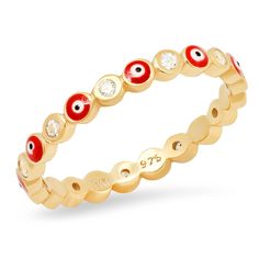 This gold vermeil evil eye ring with CZ accents knows how to make a statement. Featuring colorful enamel evil eye designs in red, pink, dark blue, light blue, white, green and multi-colored, stack them or wear them separately to best express your personal style. Gold vermeil with enamel and CZ accents Available in sizes 6, 7 & 8 7 colors to choose from Style No. SER-1 Orange Evil Eye, Evil Eye Ring Gold, Tai Jewelry, Eye Designs, Evil Eye Design, Evil Eye Ring, Daily Jewelry, Casual Jewelry, Bezel Ring