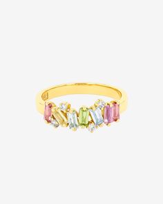 Kalan By Suzanne Kalan Amalfi Burst Pastel Half Band in 14k yellow gold Gemstone Half Eternity Ring, Yellow Gold Jewelry With Gemstone Accents In Baguette Cut, Elegant Multicolor Cubic Zirconia Diamond Ring, Multicolor 14k Gold Jewelry With Prong Setting, Multicolor Diamond Jewelry With Prong Setting, Fine Jewelry Cubic Zirconia Diamond Ring With Gemstone Accents, Gold Plated Yellow Gold Multi-stone Jewelry, Elegant Multicolor Diamond Birthstone Ring, Elegant Multicolor Cubic Zirconia Birthstone Ring