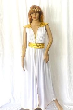 Grecian Roman Egyptian Toga Aphrodite Gown Venus dress Spartan Goddess costume role play.  Tunic is 54 inches  long. Spartan gown can come in many color options. includes gold belt, 2 arm/leg wraps and gold leaf  crown. Gold Halloween Costume, Greek Goddess Aphrodite, Gold Leaf Crown, Gold Halloween, Goddess Aphrodite, Leg Wraps, Grecian Dress, Leaf Crown, Goddess Costume