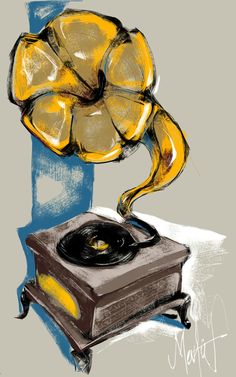 a drawing of an old record player with a yellow flower on top