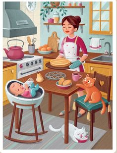 a painting of a woman cooking in the kitchen with her baby and two cats nearby