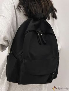 BirdinBag - Black Preppy Zip-Front Classic Backpack: Effortlessly Stylish and Functional Black Preppy, Classic Backpack, Nylon Bag, Black Backpack, Composition, Backpacks, Size Medium, Pattern, Black