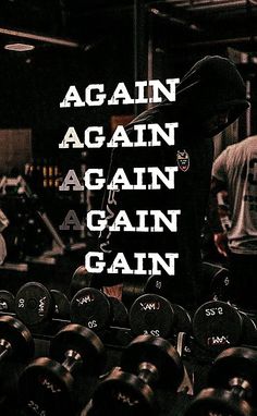 a man standing in front of a gym filled with black dumbbells and the words, again again again again again again again again again