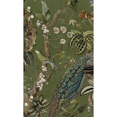 a green wallpaper with birds, flowers and leaves on the bottom half of it