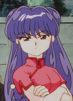 an anime character with long purple hair and blue eyes, wearing a red top in front of a brick wall