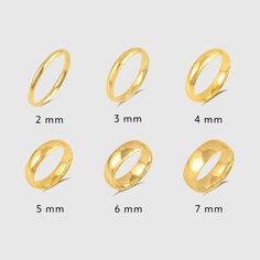 four sizes of gold rings are shown with measurements for each ring, and the size