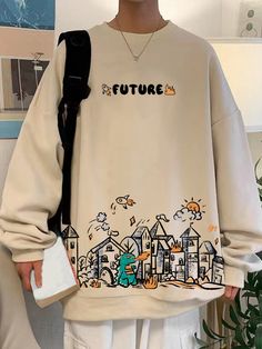 Apricot Casual Collar Long Sleeve Fabric Cartoon,Letter Pullovers Embellished Medium Stretch Spring Men Hoodies & Sweatshirts Cool Sweatshirts Men, Clothes For Men Aesthetic, Cool Sweatshirts, Cartoon Hoodie, Men Cartoon, Graphic Pullover, Sweatshirts Men, Men Sweatshirts, Fashion Sweatshirts