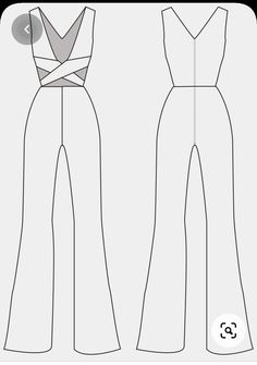 the front and back views of two jumpsuits, one with straps on each side