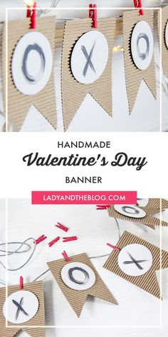 handmade valentine's day banner hanging on clothes pins with the text, handmade valentine's day banner