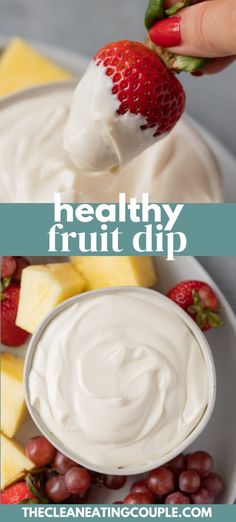 the healthy fruit dip is ready to be eaten