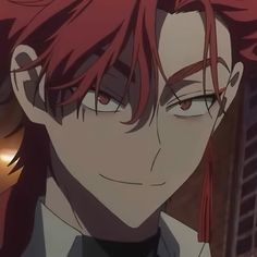 an anime character with red hair staring at the camera