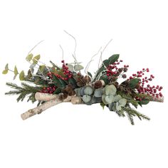 Véronneau creation. If you’re looking for a lush winter arrangement for your Christmas table, here’s one that won’t go unnoticed! It features eucalyptus, pine, branches and red berries. All resting on magnificent wooden branches for a rustic, natural look. Christmas Hostess Gifts, Copper Ornaments, Winter Arrangements, Christmas Decorations Wreaths, Pine Branches, Holiday Tablescapes, White Magnolia, Christmas Centerpiece, Red Ornaments