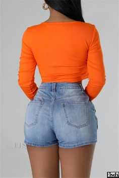 Fisdy - Mid-Waist Skinny Denim Shorts with Casual Solid Patchwork and Pocket Detailing Casual Elegance, Pocket Detail, Wholesale Fashion, V Neck Dress, Neck T Shirt, Casual Wear, Denim Shorts, V Neck, How To Wear