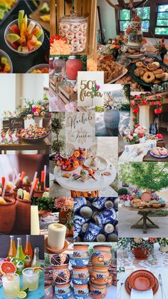 a collage of photos with food and drinks on it, including cakes, desserts, and beverages