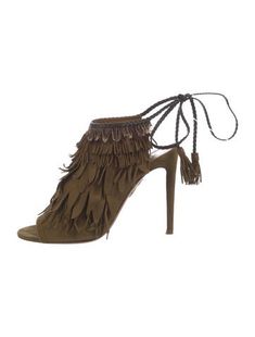 Aquazzura Suede Slingback SandalsGreenLeather TrimFringe, Braided, Feather & Tassel AccentsTie ClosuresIncludes Box & Dust Bag Woven Leather Sandals, Lace Sandals, Aquazzura Shoes, Leather Tie, Feather Trim, Suede Tassel, Slingback Sandals, Green Suede, Suede Sandals