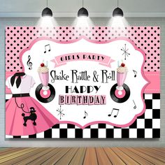 a pink and black birthday party banner with musical notes on the wall, polka dot background