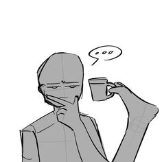 a drawing of a man holding a coffee cup in one hand and a thought bubble above his head