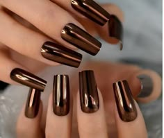 24PCS Dark Shiny Brown Long Square Press on Nails Nail Kits, Brown Nails Design, Metallic Nail, Metallic Nail Polish, Chrome Nails Designs, Hocking Hills, Shiny Nails, Sticky Pads, Long Acrylic