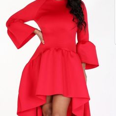 Solid, Short Dress In A Relaxed Fit, With Long Bell Sleeves, A Crew Neck, And Ruffled Hi-Lo Hem. Fabric 95% Polyester 5% Spandex Red Stretch Dresses For Brunch, Red Stretch Dress For Brunch, Long Bell Sleeves, Short Dress, Lady In Red, High Low Dress, High & Low, High Low, Bell Sleeves