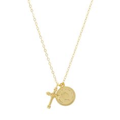 This gorgeous pendant necklace is perfect for everyday wear! The necklace is made with a layered gold coin and cross and is made out of high quality of 14K gold plated & gold filled materials. You can wear this charm necklace alone or layer with other gold necklaces. Coin size: 13 mm, thickness: 0.5 mm Cross size: 15 mm x 10 mm, thickness: 2 mm Spring ring clasp 14K gold plated coin and cross 14K gold filled chain Comes with 2" extender Nickel-free Everyday Gold Plated Cross Pendant Necklace, Gold Crucifix Necklace With Miraculous Medal, 14k Gold-filled Yellow Gold Charm Necklace With Coin Pendant, 14k Gold-filled Yellow Gold Coin Pendant Charm Necklace, Gold Cross Necklace With Coin Pendant, Yellow Gold Cross Necklace With Coin Pendant, 14k Yellow Gold Filled Charm Necklace With Coin Pendant, Yellow Gold Necklace With Coin Pendant In Cross Shape, Gold Cross Jewelry With Coin Pendant