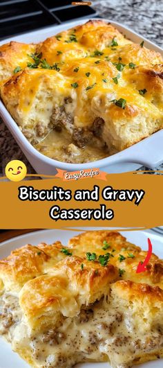 the casserole is topped with meat and cheese