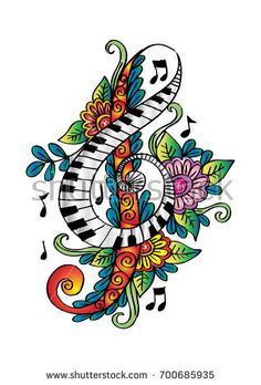 an artistic tattoo design with musical notes and flowers