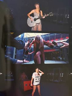 a woman standing on top of a stage holding a guitar