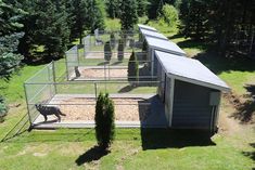 an aerial view of a dog kennel in the middle of some trees and grass