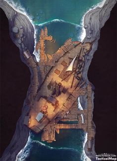 Under a natural arch near a rocky shore is a criminal hideout. Smugglers and pirates have built a port on a shipwreck. They leave here everything that would be illegal in the city port. Then it will be sold here or transported to the city at night.