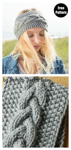 a woman wearing a gray knitted headband with the text, free pattern by berro