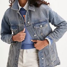 New With Tags Free People We The Free Destroyed Long & Lean Trucker Jacket Sold Out Cool And Forever Classic, This Effortless Denim Trucker Jacket Is Featured In An Oversized, Slouchy Silhouette With Subtle Distressing Throughout For The Perfect Lived-In Look. Button-Front Closure Longline Silhouette Side Pockets Machine Wash Cold Measurements For Size Medium Retails For $128 Sleeve Length: 23.5 In Bust: 43 In Length: 32 In Tags May Be Crossed Out To Prevent Store Returns Free People Jean Jacket, Velvet Duster, Fuzzy Pullover, Black Jean Jacket, Tie Dye Denim, Ruffle Jacket, Denim Trucker Jacket, Embellished Jacket, Bleached Denim