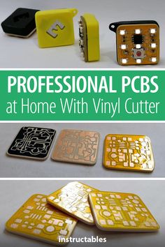 several different types of electronic components with text overlay that reads professional pcbs at home with vinyl cutters