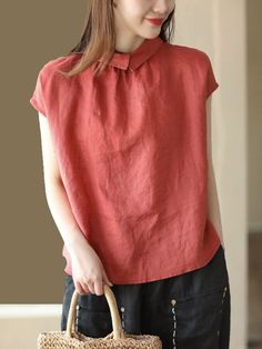 Details: Gender: Women Item Type: Blouse Material: Linen Pattern Type: Solid Season: Summer Style: Leisure, Daily, Retro Occasion: Going Out, Daily Size: One Size Length: 54.00 - 58.00 cm/ 21.26 - 22.83 " Bust: 108.00 cm/ 42.52 " Cuff: 34.00 cm/ 13.39 " Hem: 116.00 cm/ 45.67 " Relaxed Fit Blouse With Collar, Solid Color Plain Top With Collar, Spring Linen Tops With Collar, Solid Collared Linen Tops, Collared Linen Tops, Solid Linen Collared Top, Casual Linen Top With Collar, Red Linen Short Sleeve Top, Casual Red Top With Collar