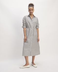 Meet the Supima® Cotton Long-Sleeve Shirt Dress. This piece features a relaxed fit with self-fabric drawcord at waist for easy adjustability, midi length, classic collar, on seam pockets, and long sleeves in Supima® cotton. Cotton Long Sleeve Shirt, Midi Shirt Dress, White Shirt Dress, Puffed Sleeves Dress, Supima Cotton, Long Sleeve Shirt Dress, Tee Dress, Tank Dress, Summer Wardrobe