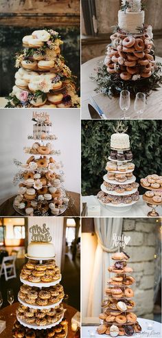 different types of donuts stacked on top of each other with wedding cake in the middle