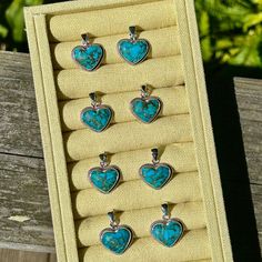 "Turquoise Copper Silver Heart Pendants with Silver Chain Included.  These are so darn cute.  Beautiful Kingman Turquoise with a very vibrant blue color and earthtone matrix.  Gorgeous copper matrix that shines like a brand new penny. Sterling silver with a rope design around heart.  These would make a perfect gift for mom, daughters, girlfriends or even yourself.  Absolute perfect gift for a first time turquoise lover. * Genuine Turquoise * Sterling Silver * .75\" by .75\"  * 1 1/8\" from bail to bottom * 18\" sterling silver chain included * FREE SHIPPING" Heart Pendant Necklace Silver, Pendant Necklace Silver, Heart Pendants, Silver Heart Pendant, Southwestern Jewelry, Jewelry Birthday, Rope Design, Kingman Turquoise, Birthday Jewelry Gift