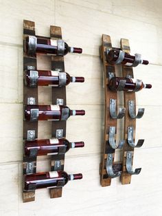 two wooden wine racks are mounted to the wall