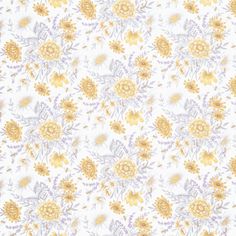 a yellow and purple flower pattern on a white background with lots of small flowers in the center