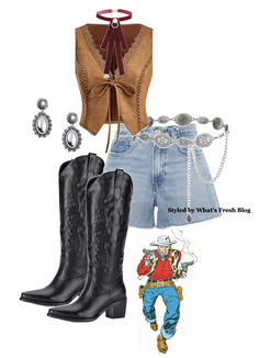 a pair of cowboy boots, jeans shorts and an open - back top are featured in this image